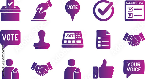 A collection of fifteen purple gradient icons representing election procedures, voting ballots, and democratic participation on a white background.