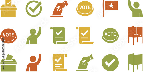Collection of flat vector icons in earth tones representing the democratic voting process, elections, and civic engagement on a clean white background