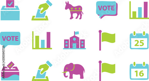 Collection of colorful flat icons representing United States elections including ballot boxes, political party animals, and voting symbols.