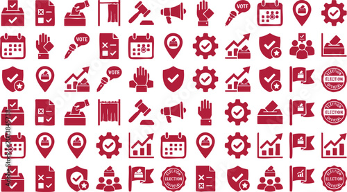 A comprehensive set of dark red flat icons representing democratic election processes, voting procedures, and government administration.