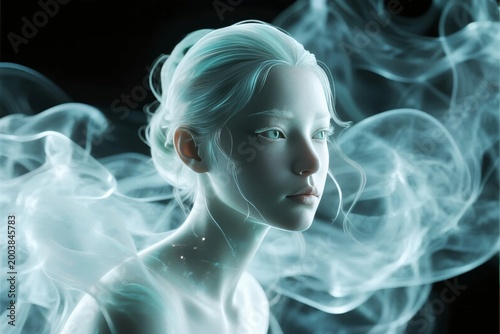A serene ethereal woman with flowing white hair surrounded by translucent blue smoke against a dark background