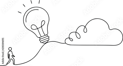Person walking towards light bulb connected to cloud thought bubble new idea inspiration.