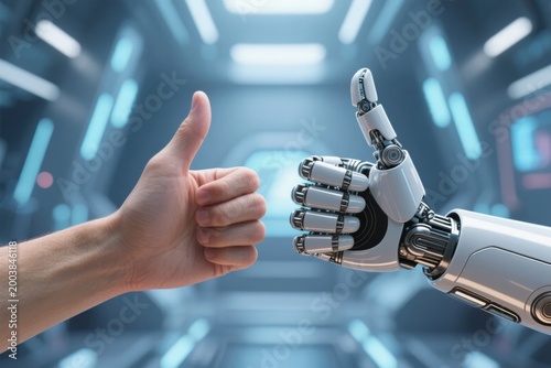 Human hand and robotic hand giving thumbs up in a futuristic corridor