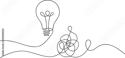 Single line art of electric light bulb and tangled chaotic messy scribble line illustration.