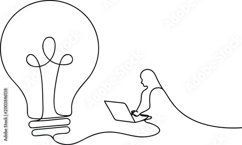 Single line art of large light bulb illuminating person working on laptop representing digital innovation.