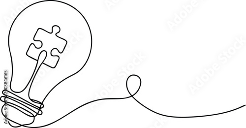 Single line drawing of puzzle piece inside light bulb on transparent background.