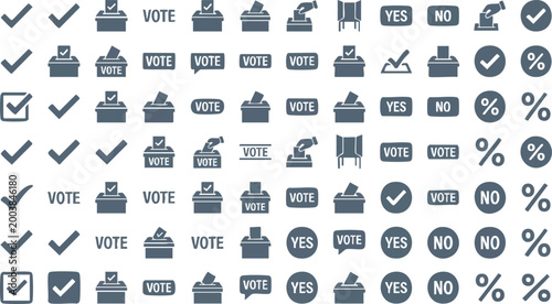 A comprehensive set of minimalist voting and election icons featuring ballot boxes, checkmarks, and polling station symbols for democratic processes.