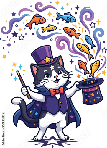 Whimsical cat magician conjures colorful fish.
