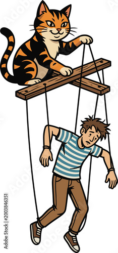 Cartoon cat controlling a man puppet.