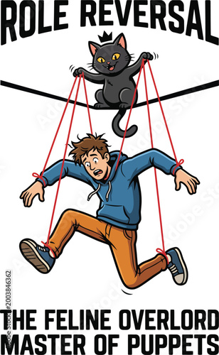 Cartoon illustration of cat controlling man.