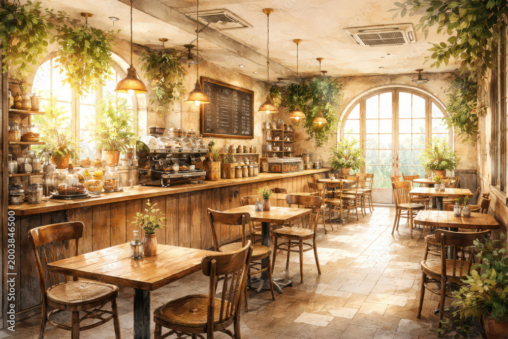 Fototapeta premium Cozy Rustic Coffee Shop Cafe Interior with Warm Bright Sunlight