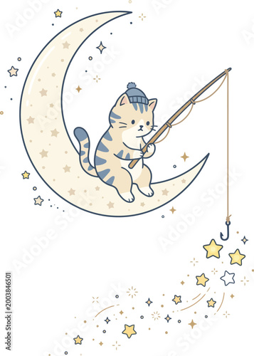 Whimsical cat on a crescent moon.