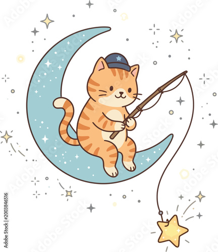 Whimsical cat fishing for stars in space.