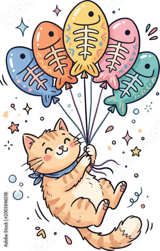 a cute cartoon cat flying with colorful balloons.