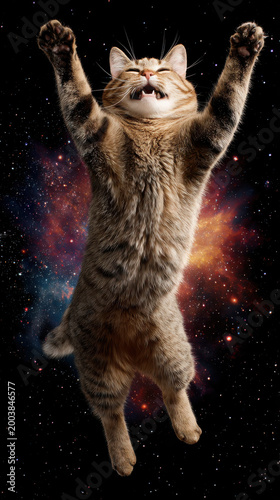 Cool Cat Looking Ecstatic in Funny Pose with Colorful Outer Space Galaxy Background