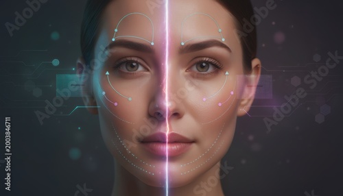 Digital Identity: A woman's face is bisected by a vibrant beam of light, symbolizing the intersection of human and machine. On one side, facial recognition technology highlights key features.