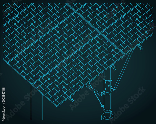 Solar panel and supporting structure isometric blueprint close-up