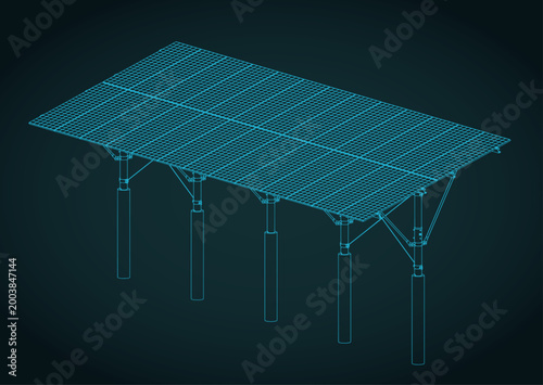 Solar panel and supporting structure isometric blueprint illustration