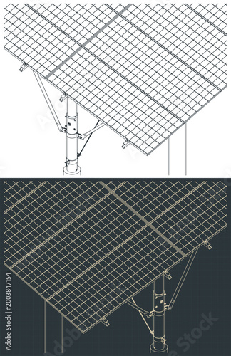 Solar panel and supporting structure isometric blueprints close-up