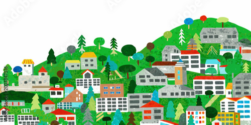 Bild auf Leinwand watercolor hillside town illustration with colorful houses and green trees on wh