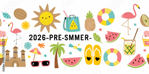 Foto Colorful summer illustration with flamingos beach elements and a tropical vibe o