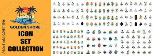 Golden Shore Icon Set Collection, Tropical Summer Beach Vector Graphics, Nautical Travel and Vacation Symbols, Retro Island Sunset Illustrations