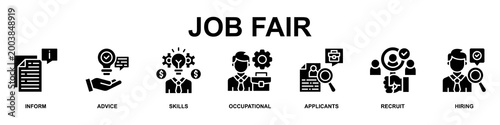 Job Fair Banner Web Icon Vector Illustration Concept for Business with Icons of Inform, Advice, Skills, Occupational, Applicants, Recruit and Hiring