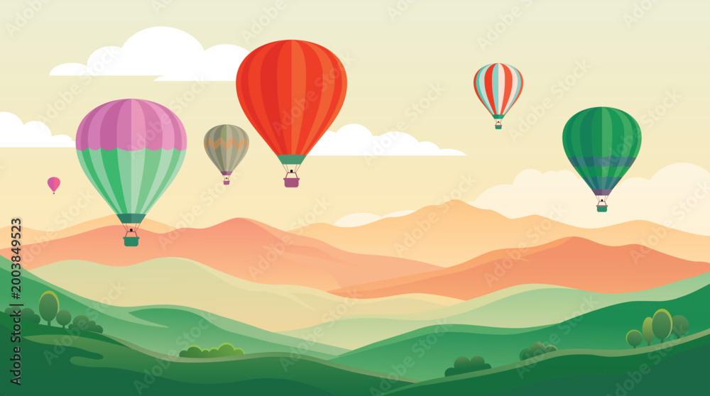 Obraz premium Hot air balloons over rolling hills, colorful vector illustration