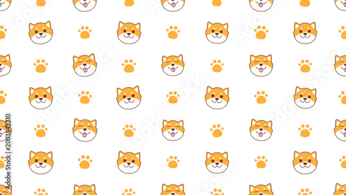 Cute Shiba Inu faces smile warmly. Paws appear beside each face. Pattern repeats evenly across white. Ideal for baby rooms or playful decor. Friendly vibe for children's products