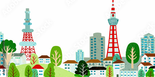 Obraz na plátne Colorful vector illustration of a city skyline with prominent red and white towe