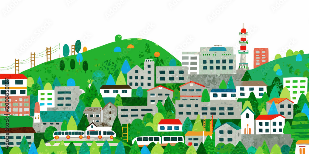 Fototapeta premium Colorful illustration of a hillside town with buildings trees and a lighthouse on white background