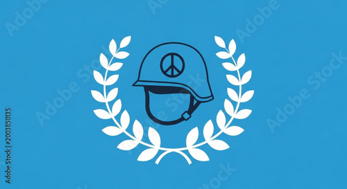 Bold graphic symbol of peace, depicting combat helmet with peace sign, framed by laurel wreath on vivid blue backdrop, representing global unity and anti-war sentiment