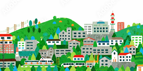 Quadro su tela Colorful illustration of a hillside town with buildings trees and a lighthouse o