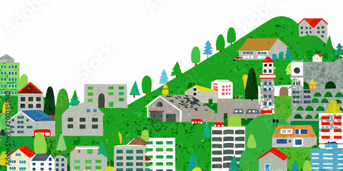 Foto Colorful hillside town illustration with varied houses and lush green landscape