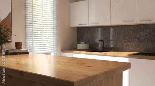 Wooden kitchen island counter with white cabinets and window blinds for food photography background and interior mockup.