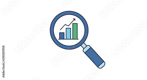 Magnifying glass analyzing upward trend graph with bar chart analysis research business