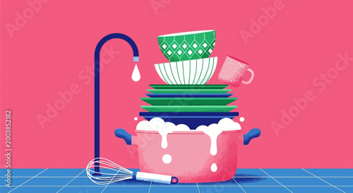 Bright abstract illustration of stacked bowls and faucet pouring water into a pink tub in a vibrant pool scene.