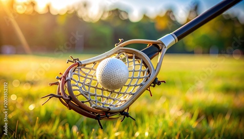 Lacrosse ball held securely in the mesh pocket of a wooden stick during a sunny outdoor game, ready for action.