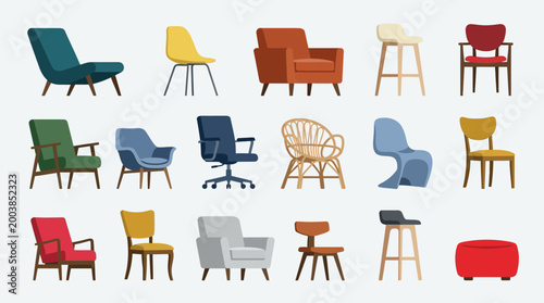 Billede på lærred Collection of various colorful chairs and stools.
