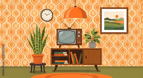 Cozy Retro Living Room Scene with Vintage TV and Houseplants.