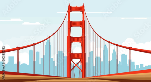 An iconic red suspension bridge spanning a bay with a city skyline and harbor.