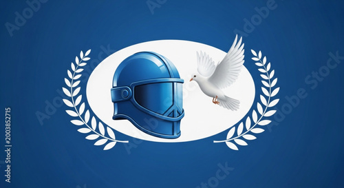 International Day of UN Peacekeepers emblem portraying the harmony of modern protection and peace, A futuristic helmet alongside a dove signifies future safety and serenity