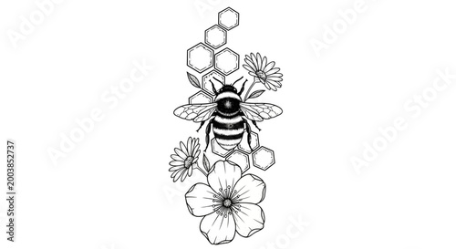 Delicate line art illustration of a bee among blooming flowers with intricate details.