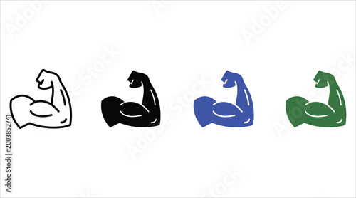 Strong muscular arm icons set, flexed bicep vector illustrations in black blue and green, fitness and bodybuilding power symbols for gym branding