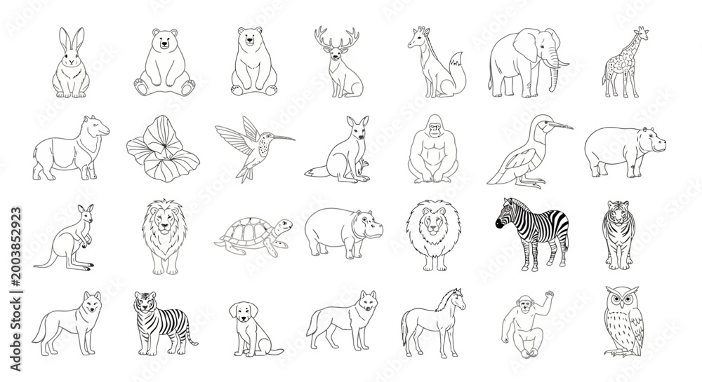 Fototapeta premium Collection of outlined animal silhouettes arranged in a grid for decorative illustration.