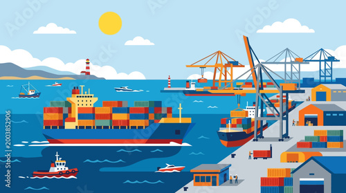 Container port with cargo ships and cranes.