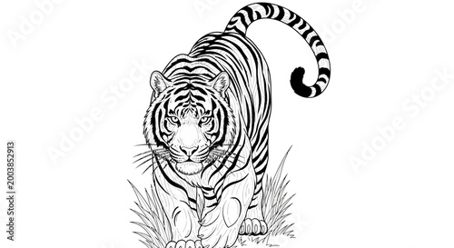 Majestic Tiger Walking Through Dense Grass in Jungle Habitat.