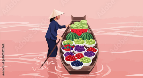 Fruit vendor paddling a colorful boat piled with fresh produce along the water.