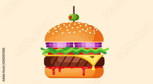 Juicy multi-layered beef hamburger with cheese, lettuce and tomato on a sesame bun.