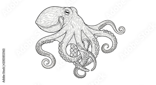 Detailed monochrome octopus sketch showcasing twisting tentacles undersea composition.
